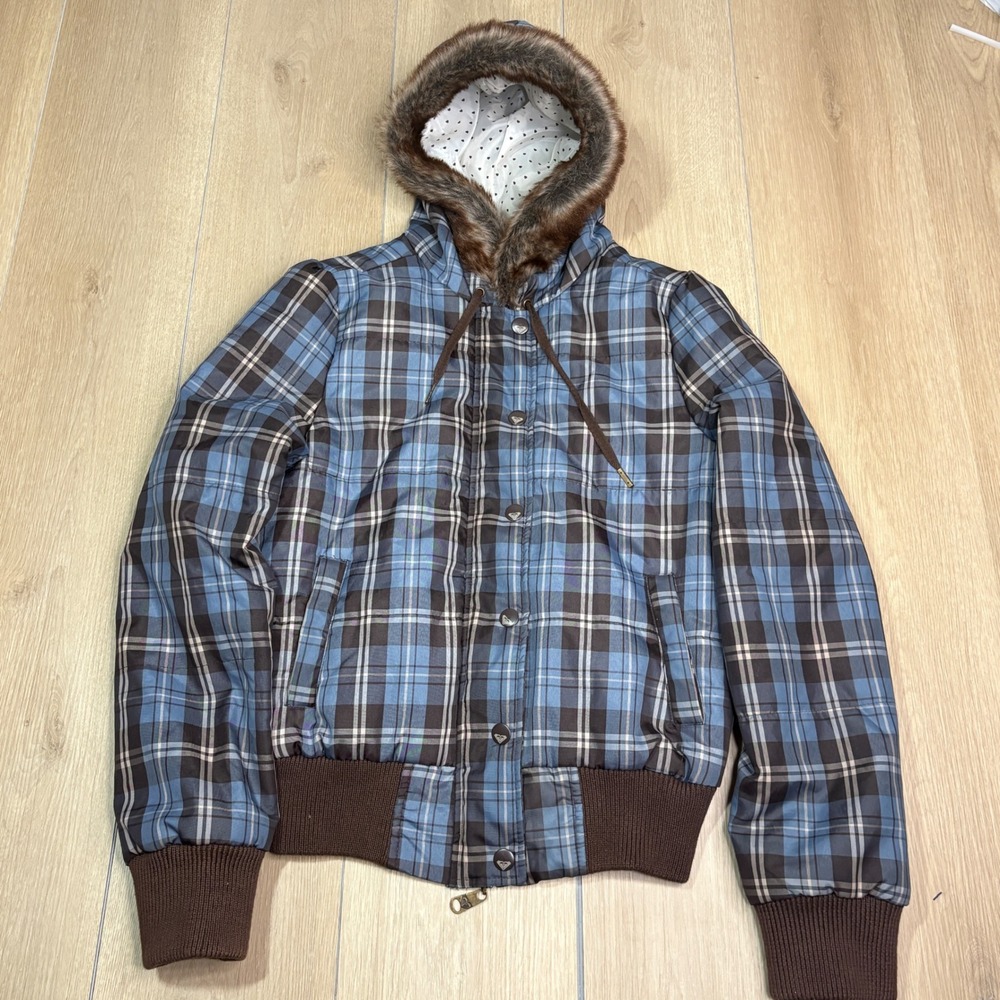 Roxy Y2K Plaid Puffer Jacket Faux Fur Hood Blue Brown Heart Lining Women Medium